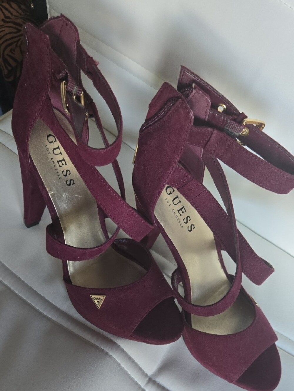GUESS Women's Burgundy Suede Strappy High Heel Sandals with Gold Accent - Picture 2 of 5